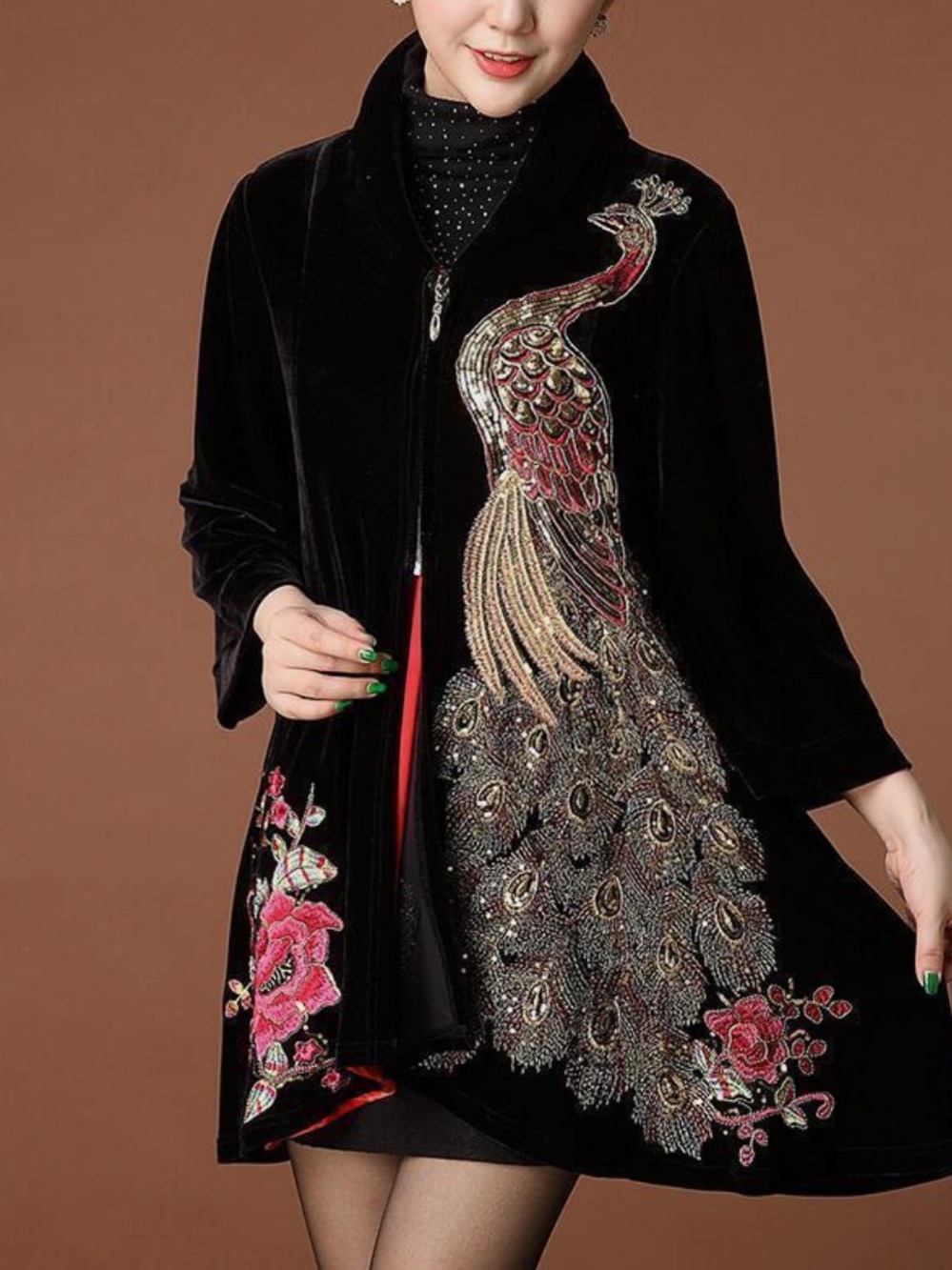 NWT Vicky and Lucas Womens Peacock Embroidery and Velvet Poncho